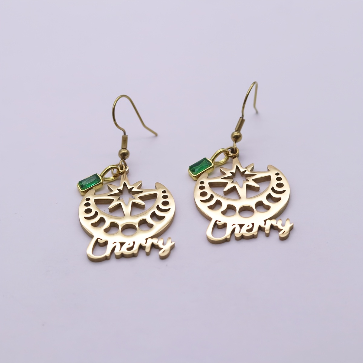 Personalized Moon Star Earrings with Custom Name and Green Zirconia
